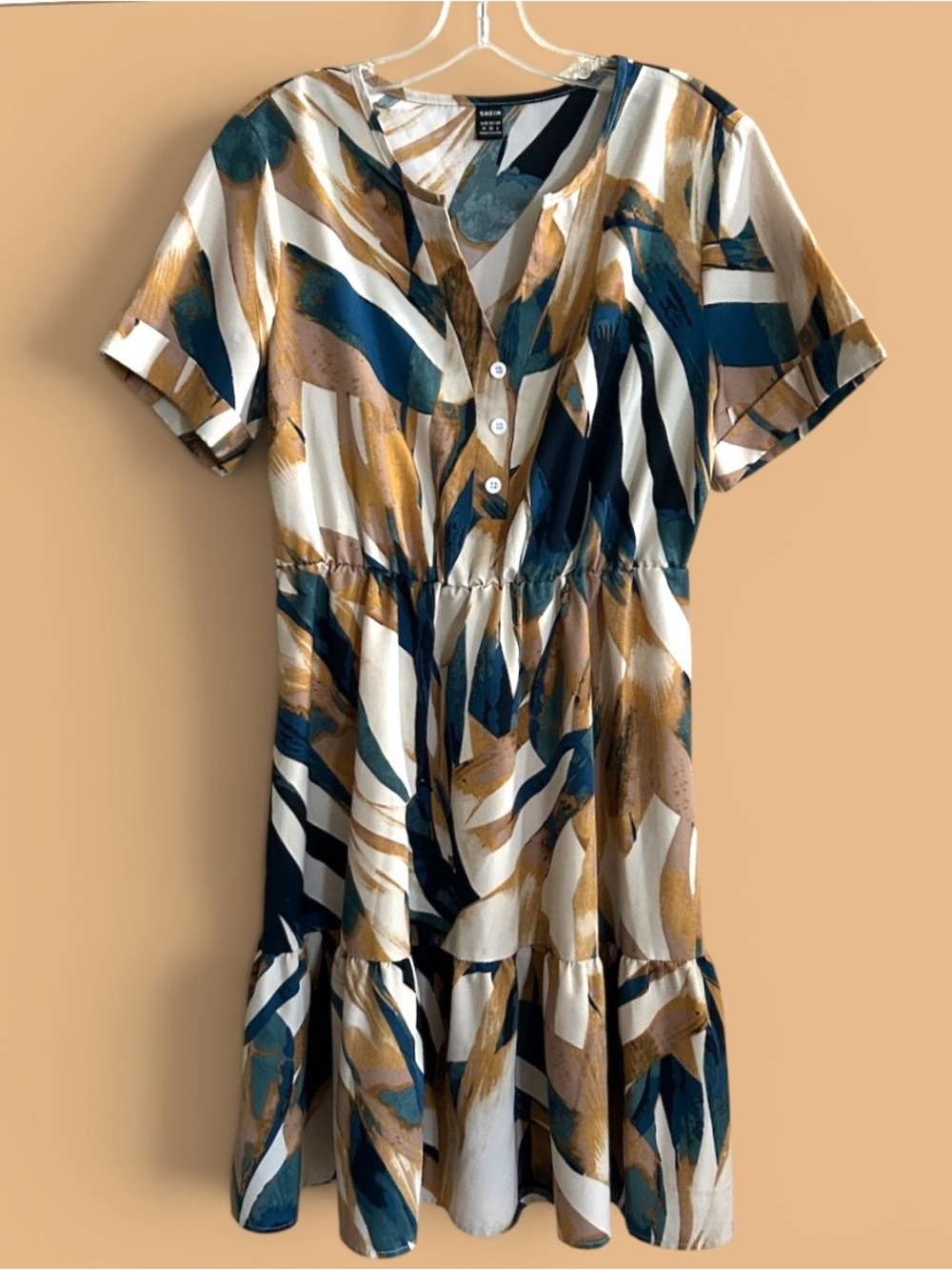 Abstract Brushstroke Tiered Dress - Navy, Mustard & Cream Sz.M